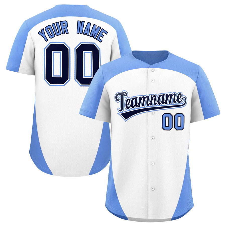 Custom White Light Blue Personalized Edge Color Block Baseball Jersey | BuyFootballJersey
