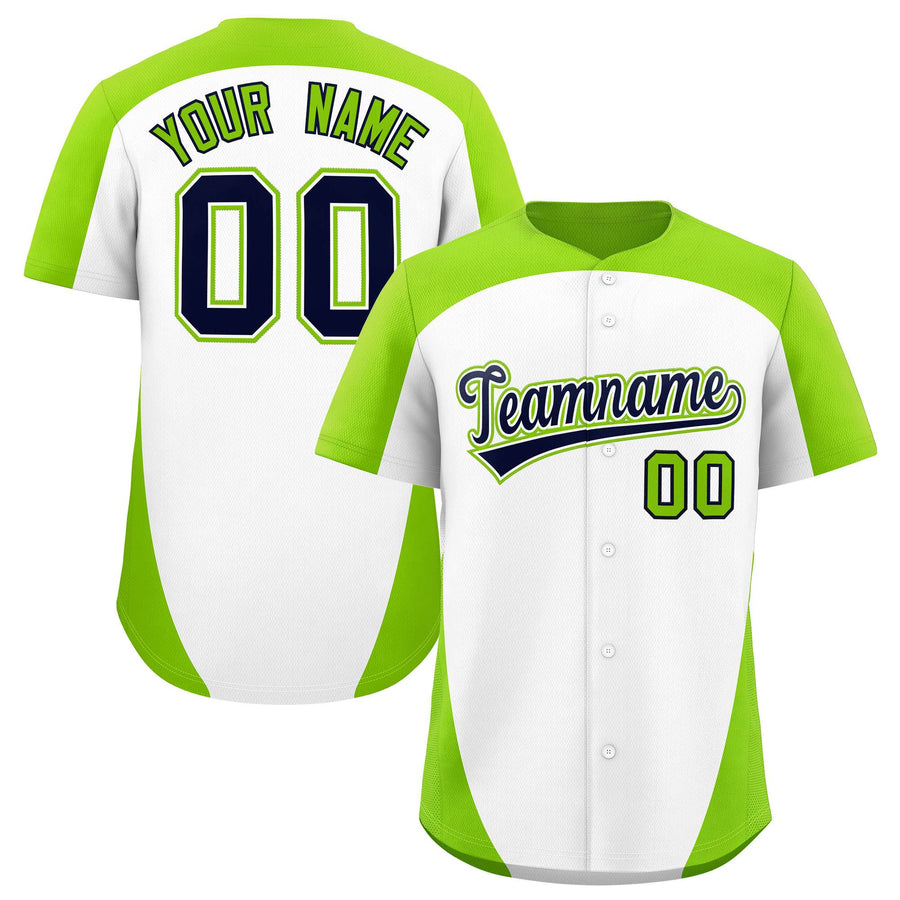Custom White Neon Green Personalized Edge Color Block Baseball Jersey | BuyFootballJersey