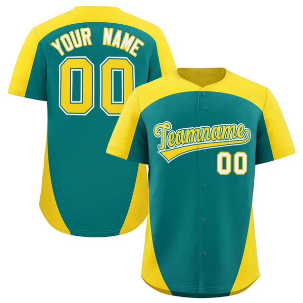 Custom Aqua Gold Personalized Edge Color Block Baseball Jersey | BuyFootballJersey
