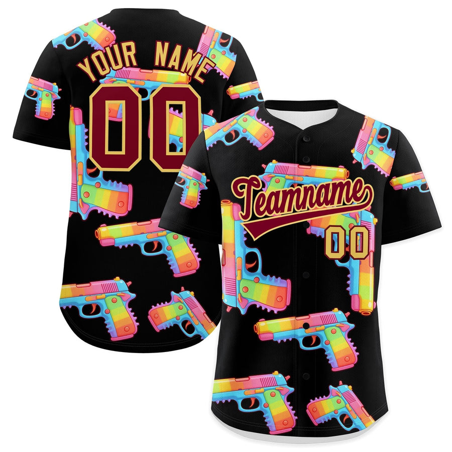 Custom Black Crimson Sugar-Coated Firepower Graffiti Pattern Wrinkle-Resistant Baseball Jersey | BuyFootballJersey