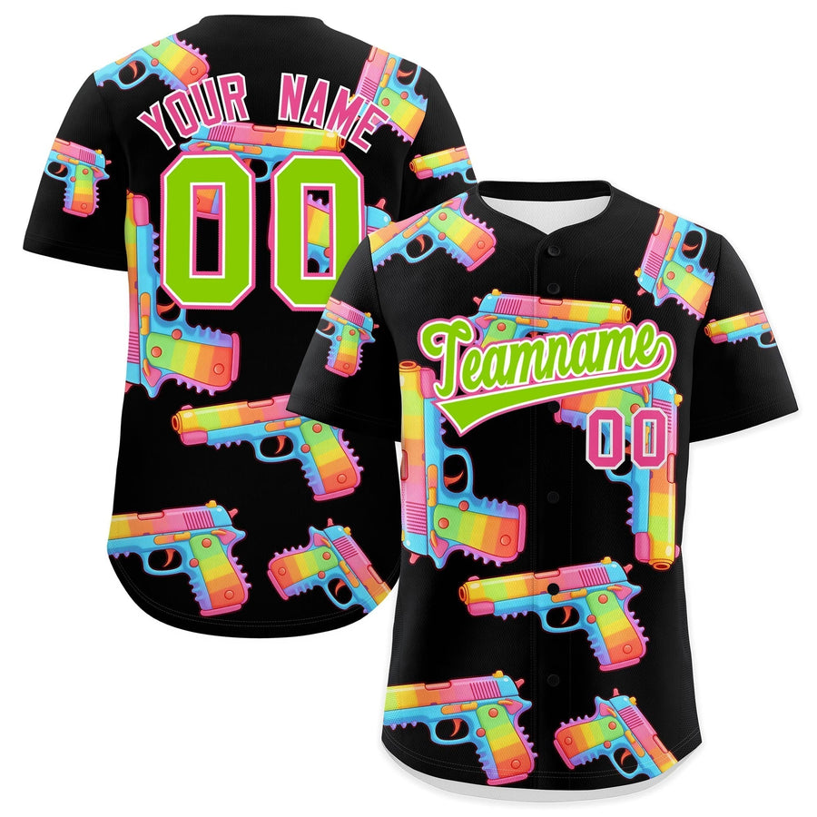 Custom Black Neon Green Sugar-Coated Firepower Graffiti Pattern Breathable Baseball Jersey | BuyFootballJersey