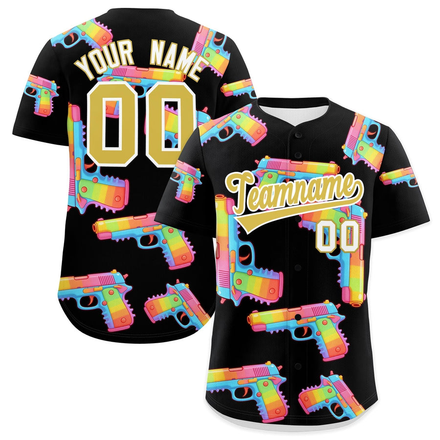Custom Black Old Gold Sugar-Coated Firepower Graffiti Pattern Wrinkle-Resistant Baseball Jersey | BuyFootballJersey