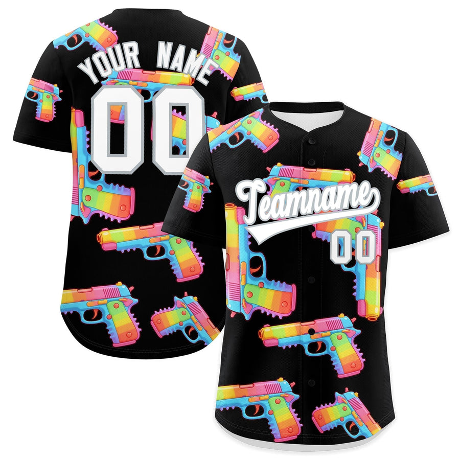 Custom Black White Sugar-Coated Firepower Graffiti Pattern Moisture-Wicking Baseball Jersey | BuyFootballJersey