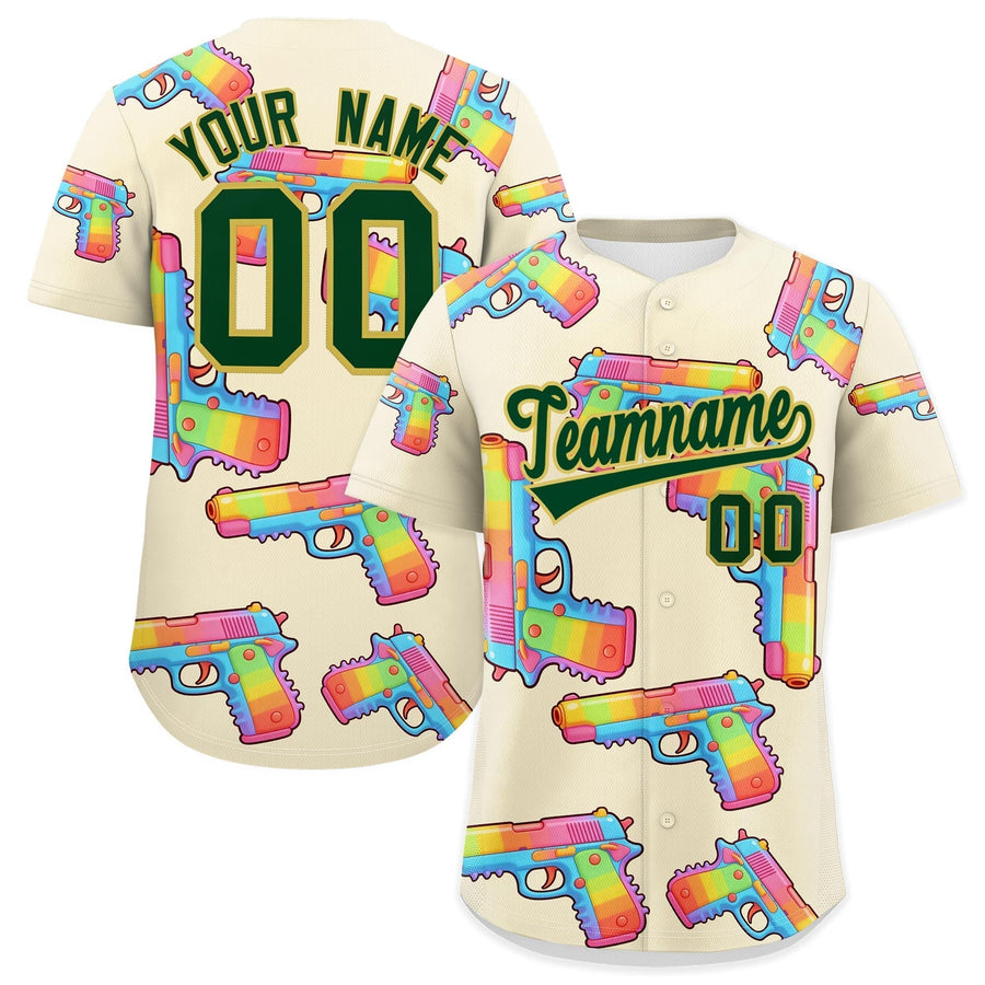 Custom Cream Dark Green Sugar-Coated Firepower Graffiti Pattern Quick Dry Baseball Jersey | BuyFootballJersey