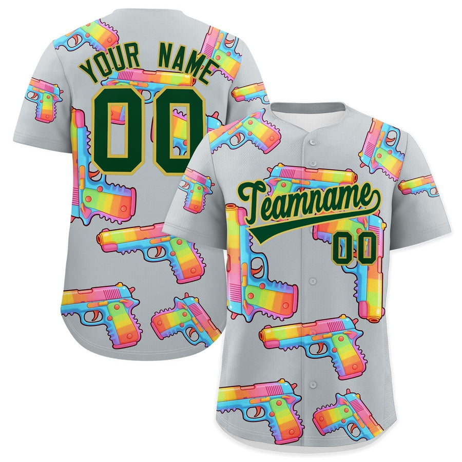 Custom Silver Dark Green Sugar-Coated Firepower Graffiti Pattern Breathable Baseball Jersey | BuyFootballJersey