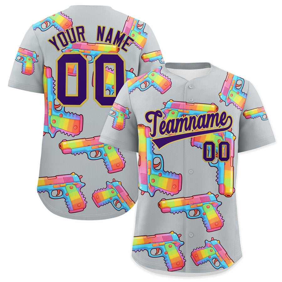 Custom Silver Purple Sugar-Coated Firepower Graffiti Pattern Wrinkle-Resistant Baseball Jersey | BuyFootballJersey
