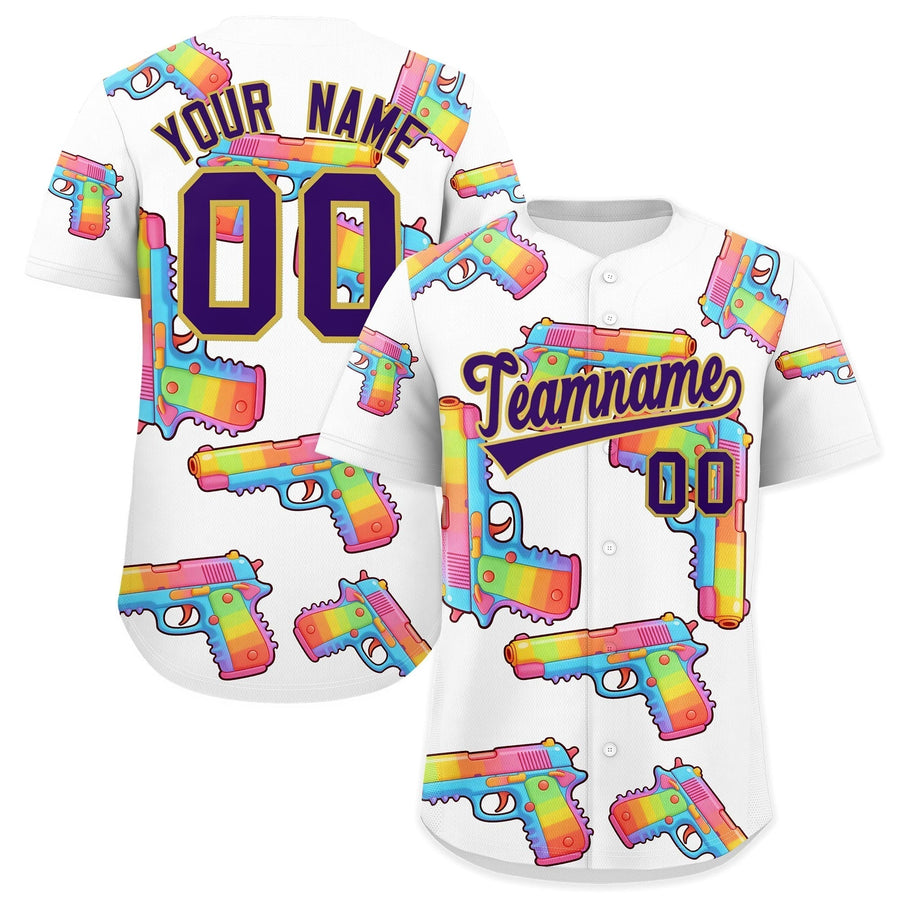 Custom White Purple Sugar-Coated Firepower Graffiti Pattern Moisture-Wicking Baseball Jersey | BuyFootballJersey