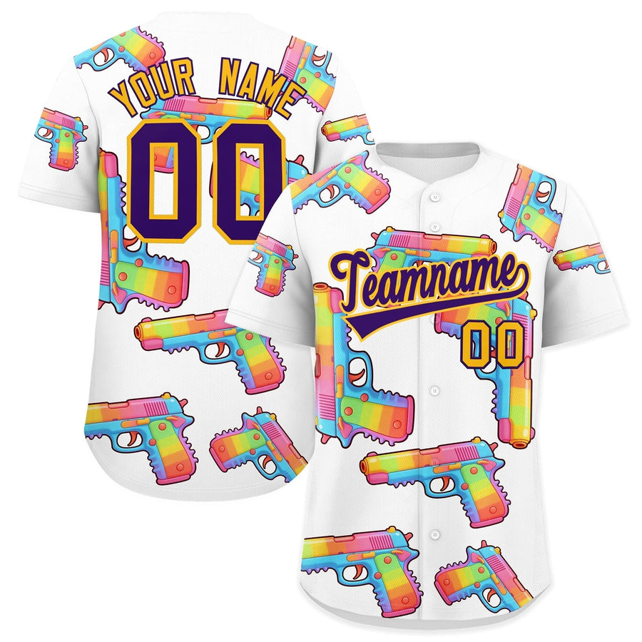 Custom White Purple Sugar-Coated Firepower Graffiti Pattern Wrinkle-Resistant Baseball Jersey | BuyFootballJersey
