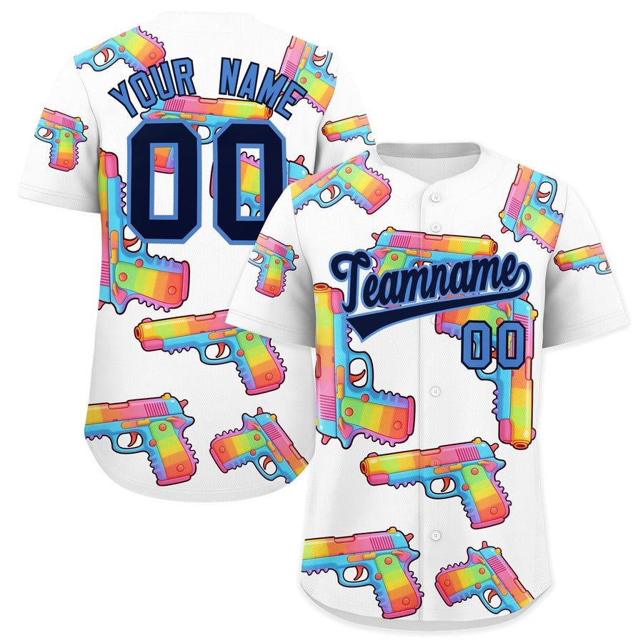Custom White Navy Sugar-Coated Firepower Graffiti Pattern Moisture-Wicking Baseball Jersey | BuyFootballJersey