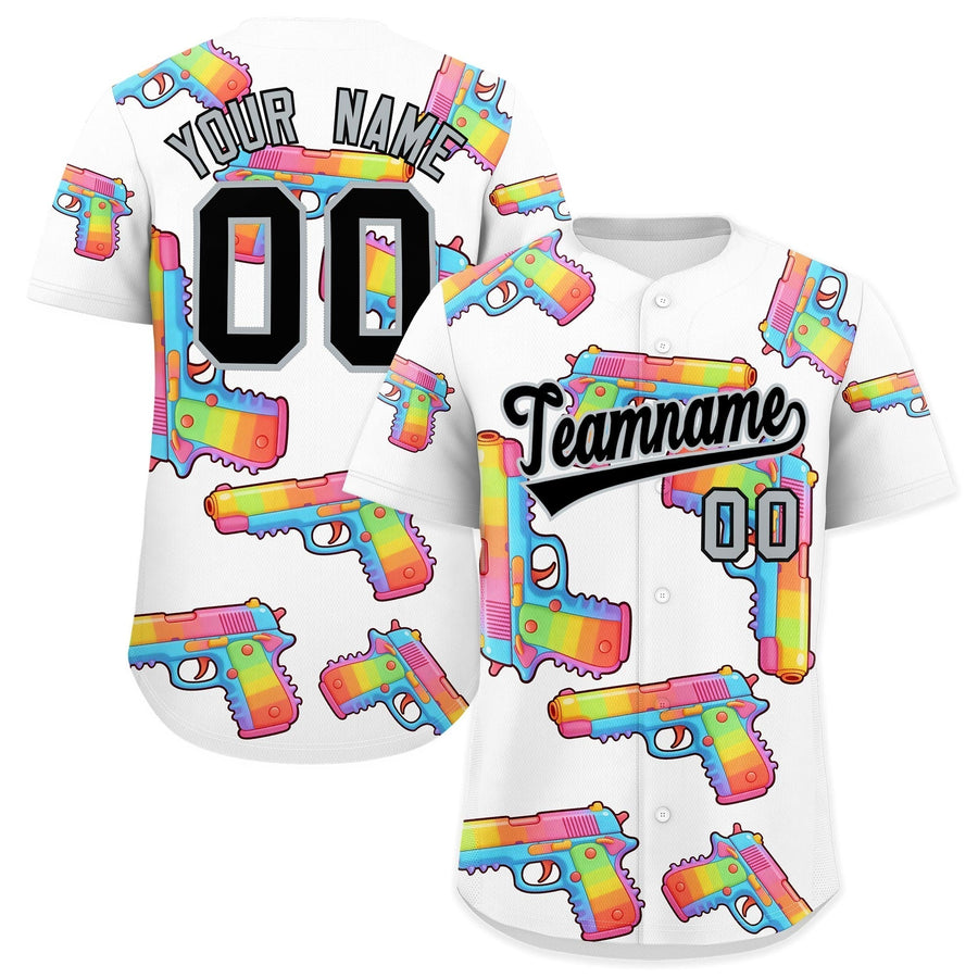 Custom White Black Sugar-Coated Firepower Graffiti Pattern Moisture-Wicking Baseball Jersey | BuyFootballJersey
