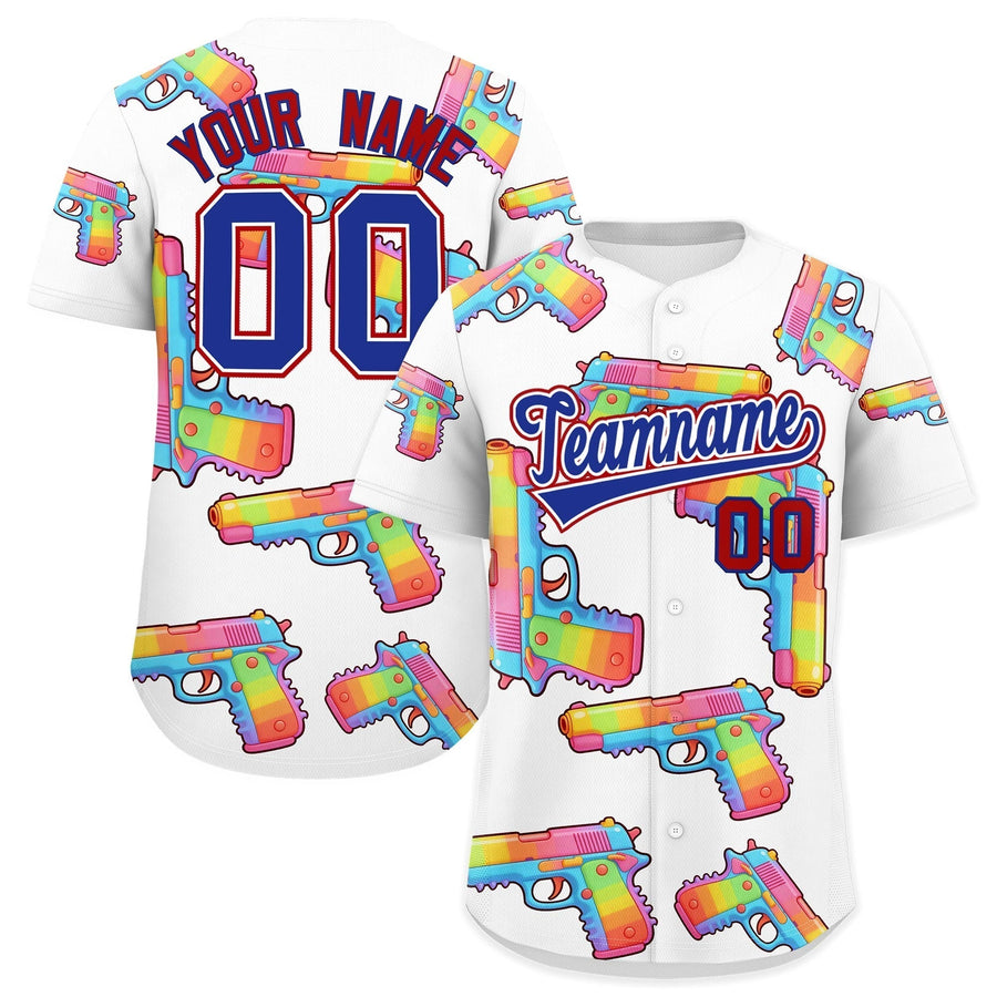 Custom White Royal Blue Sugar-Coated Firepower Graffiti Pattern Breathable Baseball Jersey | BuyFootballJersey