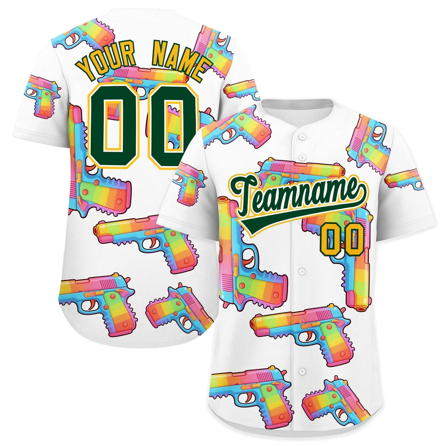 Custom White Dark Green Sugar-Coated Firepower Graffiti Pattern Wrinkle-Resistant Baseball Jersey | BuyFootballJersey
