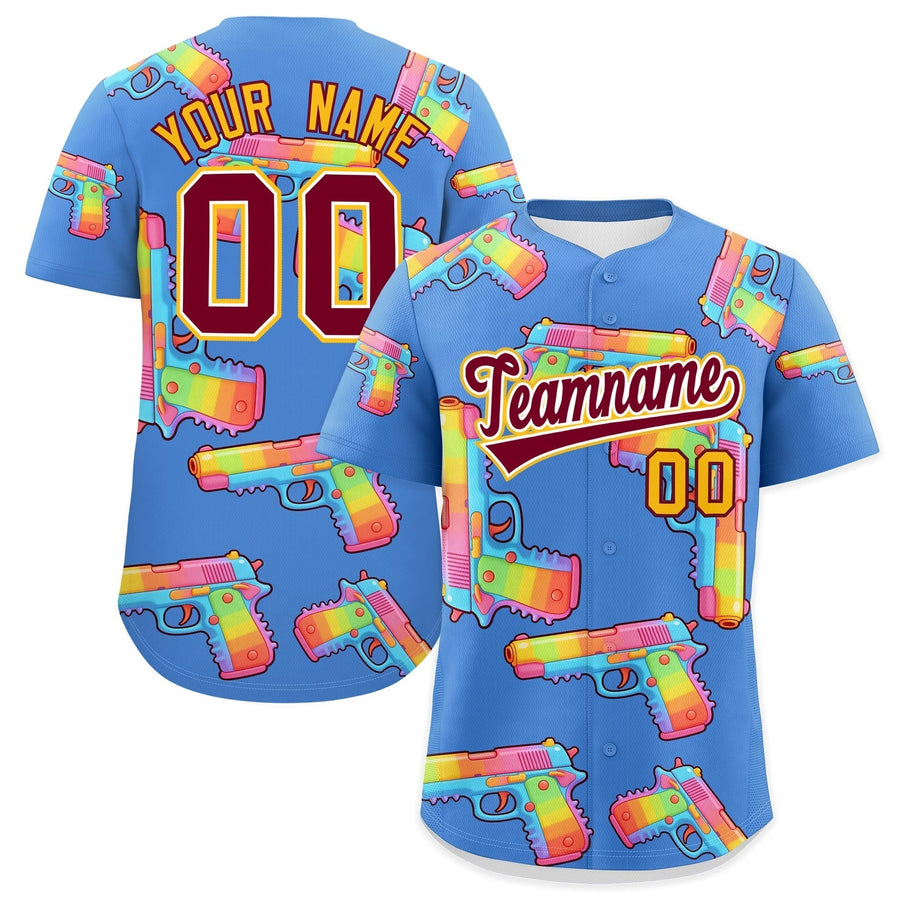 Custom Powder Blue Crimson Sugar-Coated Firepower Graffiti Pattern Moisture-Wicking Baseball Jersey | BuyFootballJersey