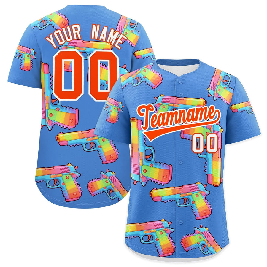 Custom Powder Blue Orange Sugar-Coated Firepower Graffiti Pattern Quick Dry Baseball Jersey | BuyFootballJersey