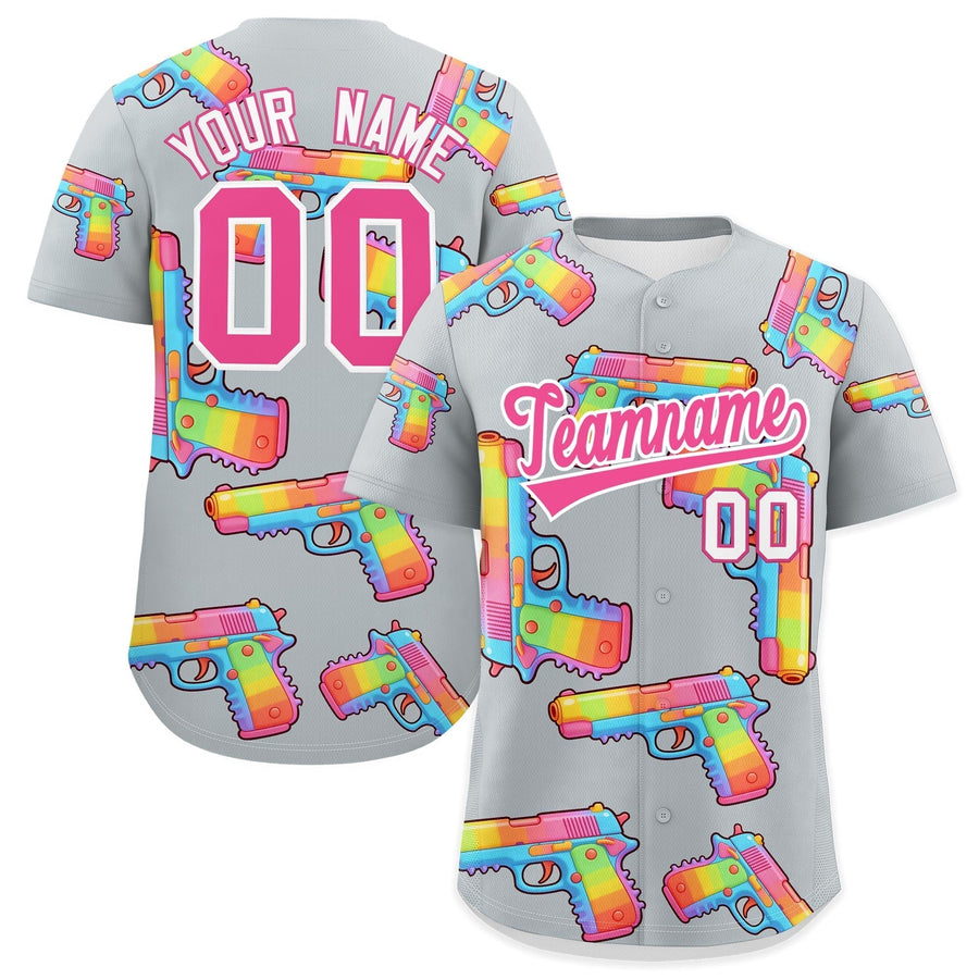 Custom Silver Pink Sugar-Coated Firepower Graffiti Pattern Quick Dry Baseball Jersey | BuyFootballJersey