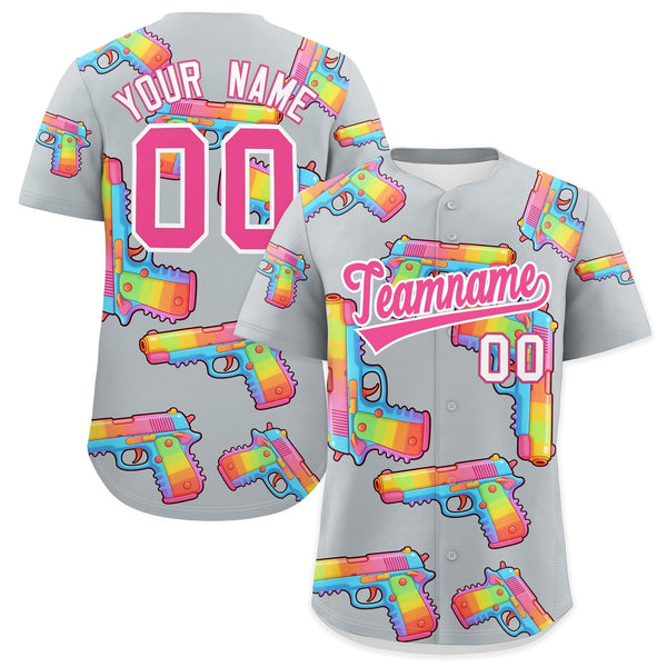 Custom Silver Pink Sugar-Coated Firepower Graffiti Pattern Quick Dry Baseball Jersey | BuyFootballJersey