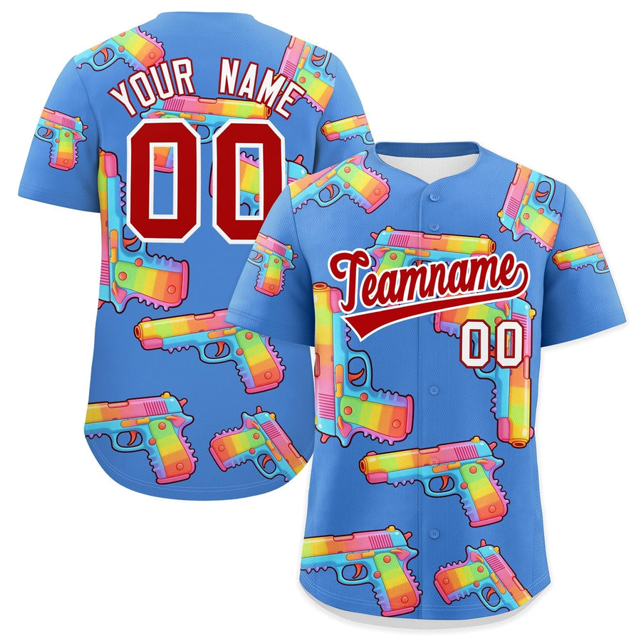 Custom Powder Blue Red Sugar-Coated Firepower Graffiti Pattern Breathable Baseball Jersey | BuyFootballJersey