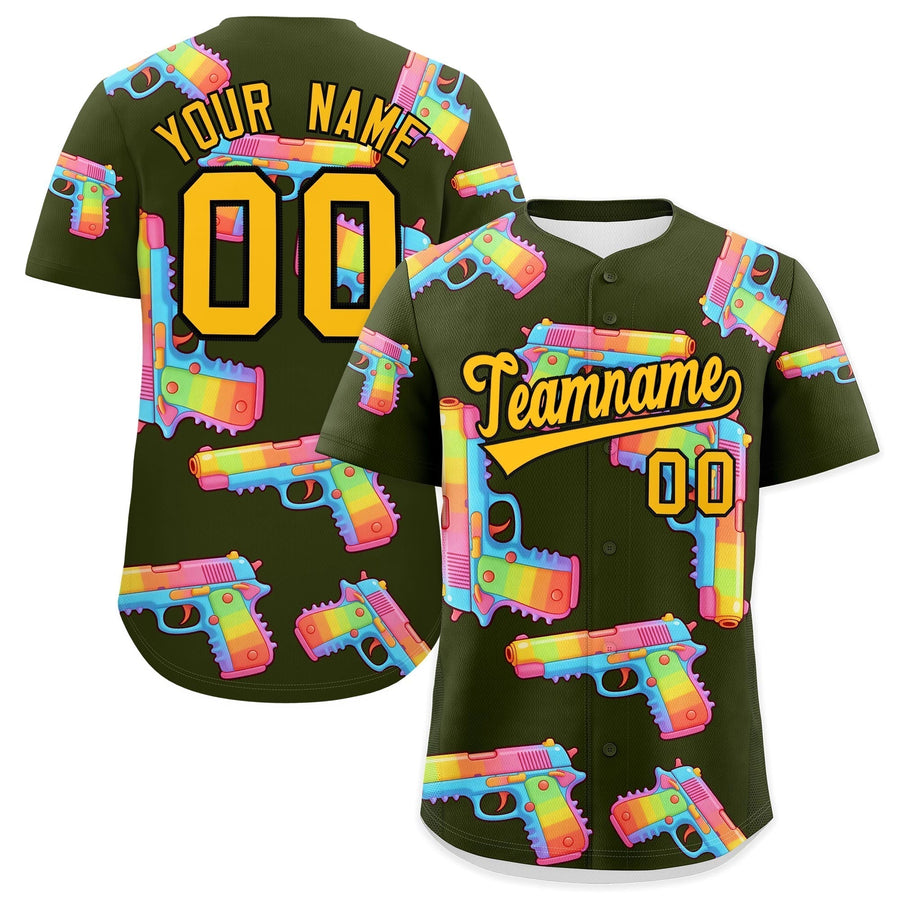 Custom Olive Yellow Sugar-Coated Firepower Graffiti Pattern Moisture-Wicking Baseball Jersey | BuyFootballJersey