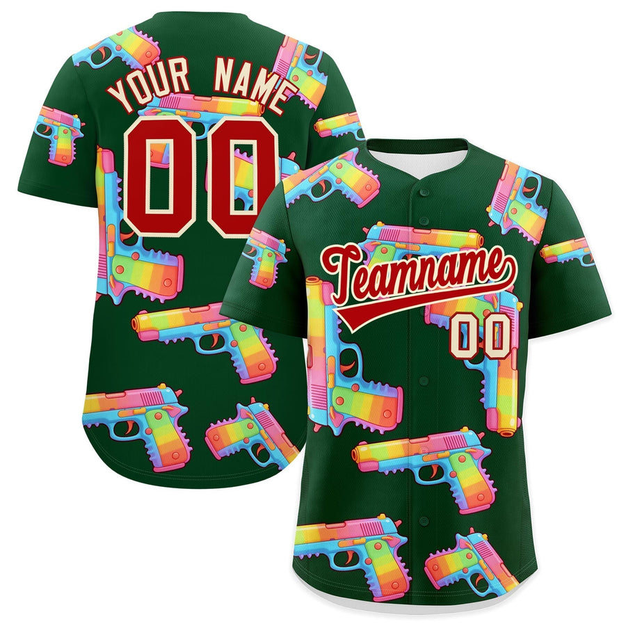 Custom Dark Green Red Sugar-Coated Firepower Graffiti Pattern Quick Dry Baseball Jersey | BuyFootballJersey
