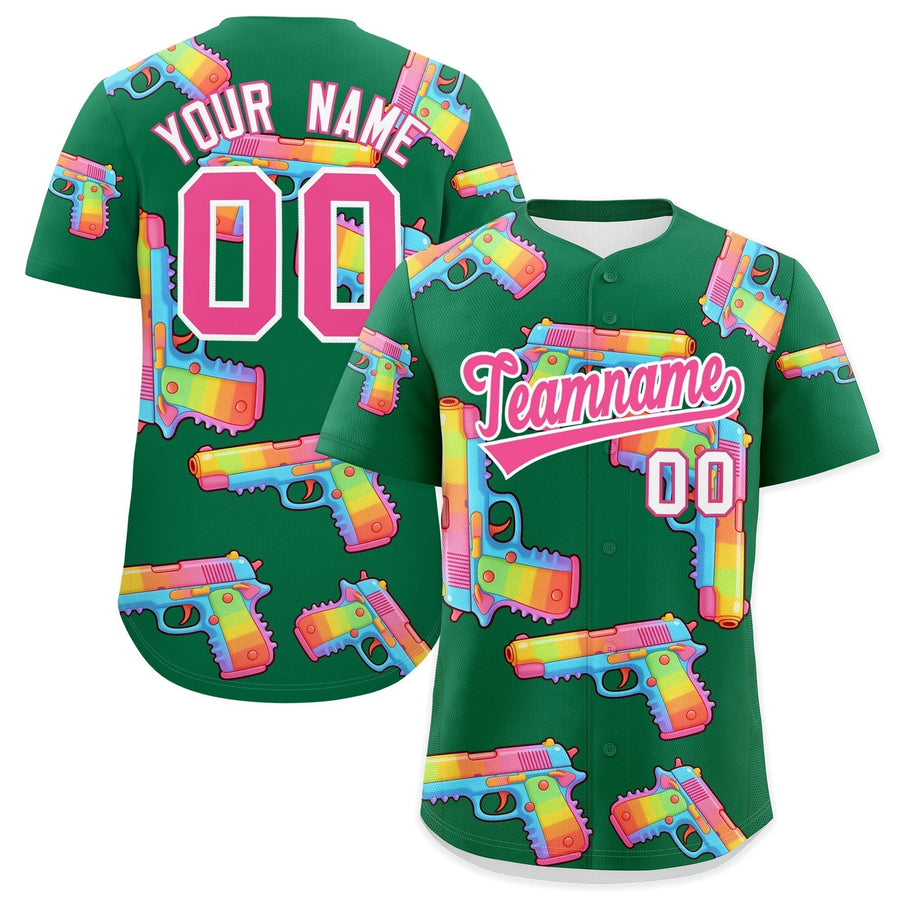 Custom Kelly Green Pink Sugar-Coated Firepower Graffiti Pattern Breathable Baseball Jersey | BuyFootballJersey