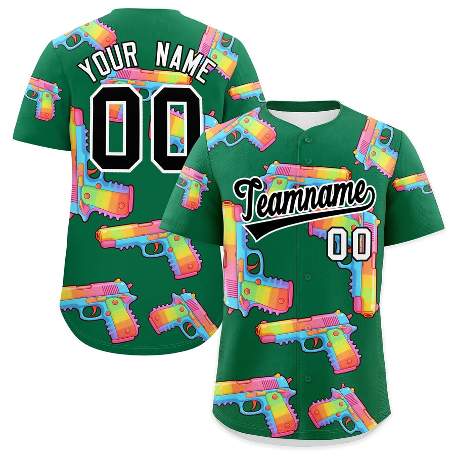 Custom Kelly Green Black Sugar-Coated Firepower Graffiti Pattern Wrinkle-Resistant Baseball Jersey | BuyFootballJersey