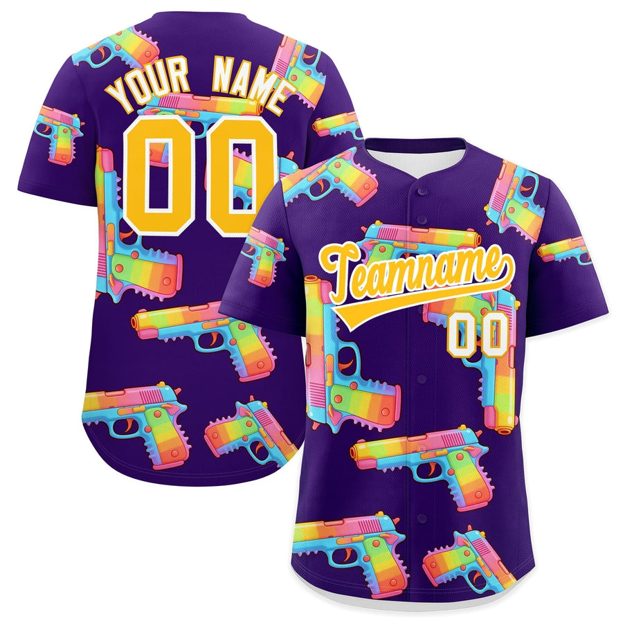 Custom Purple Yellow Sugar-Coated Firepower Graffiti Pattern Breathable Baseball Jersey | BuyFootballJersey