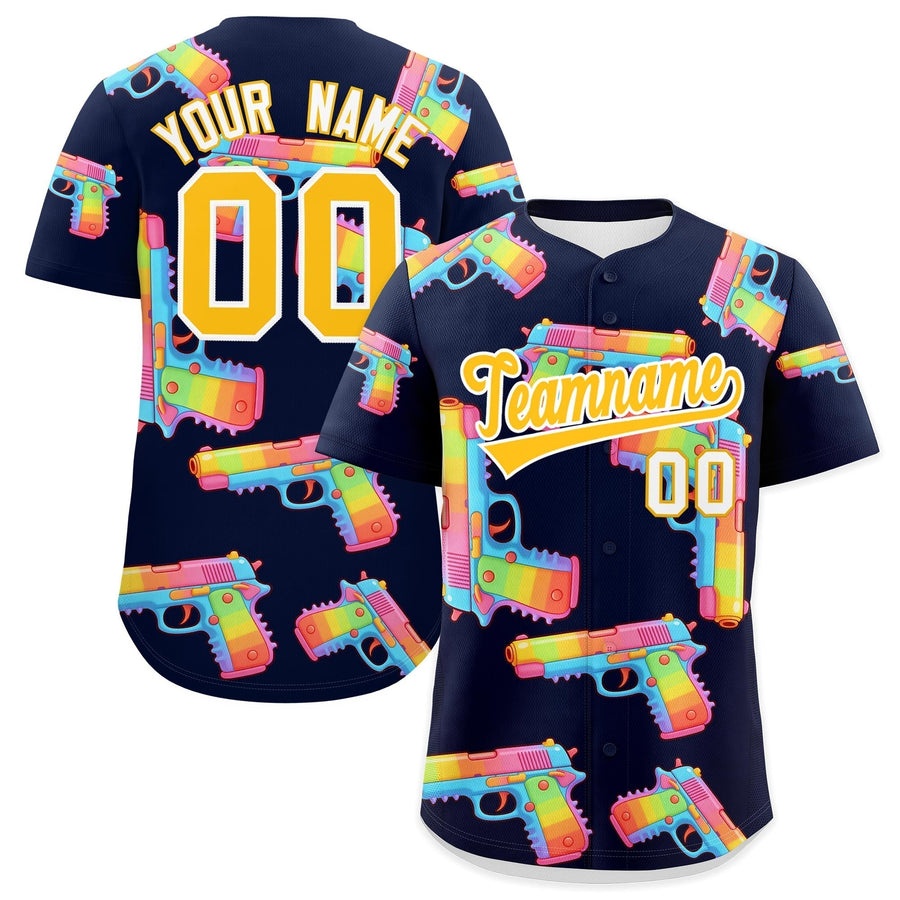 Custom Navy Yellow Sugar-Coated Firepower Graffiti Pattern Wrinkle-Resistant Baseball Jersey | BuyFootballJersey