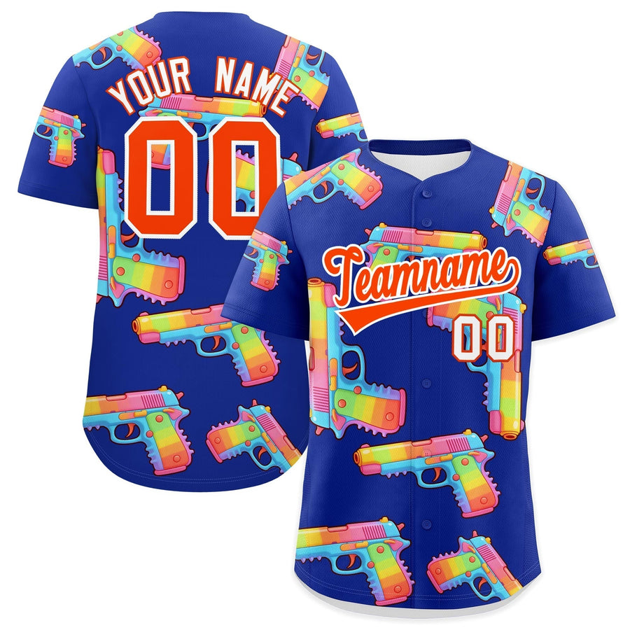 Custom Royal Blue Orange Sugar-Coated Firepower Graffiti Pattern Quick Dry Baseball Jersey | BuyFootballJersey