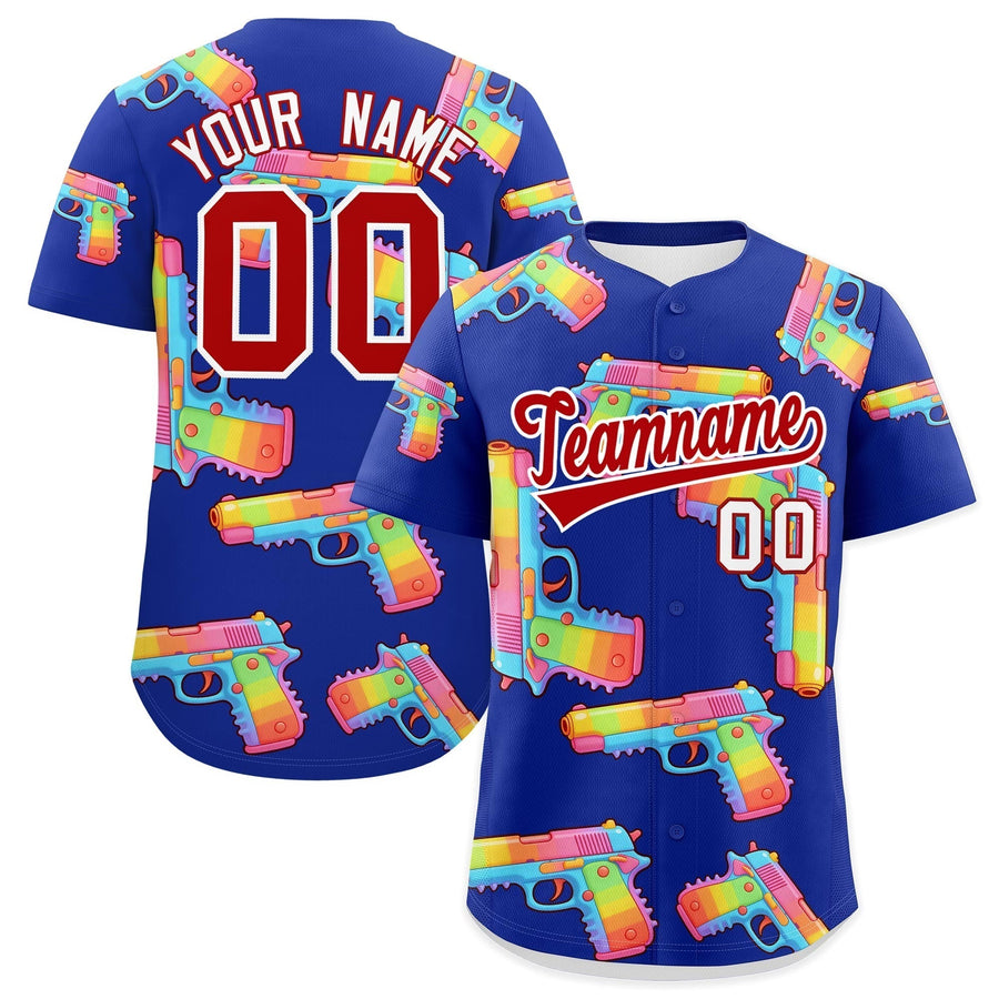 Custom Royal Blue Red Sugar-Coated Firepower Graffiti Pattern Breathable Baseball Jersey | BuyFootballJersey