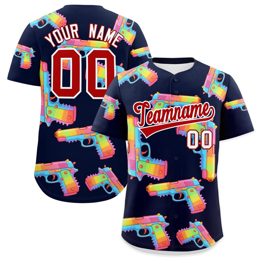 Custom Navy Red Sugar-Coated Firepower Graffiti Pattern Wrinkle-Resistant Baseball Jersey | BuyFootballJersey