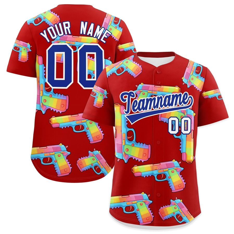 Custom Red Royal Blue Sugar-Coated Firepower Graffiti Pattern Breathable Baseball Jersey | BuyFootballJersey