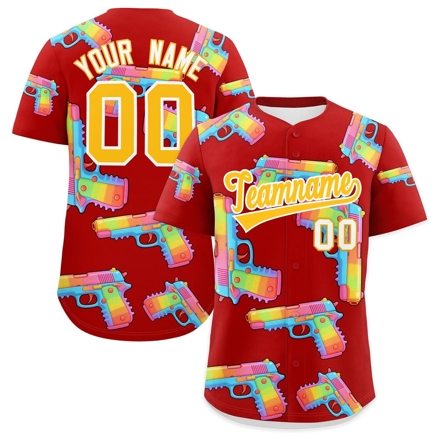 Custom Red Yellow Sugar-Coated Firepower Graffiti Pattern Wrinkle-Resistant Baseball Jersey | BuyFootballJersey