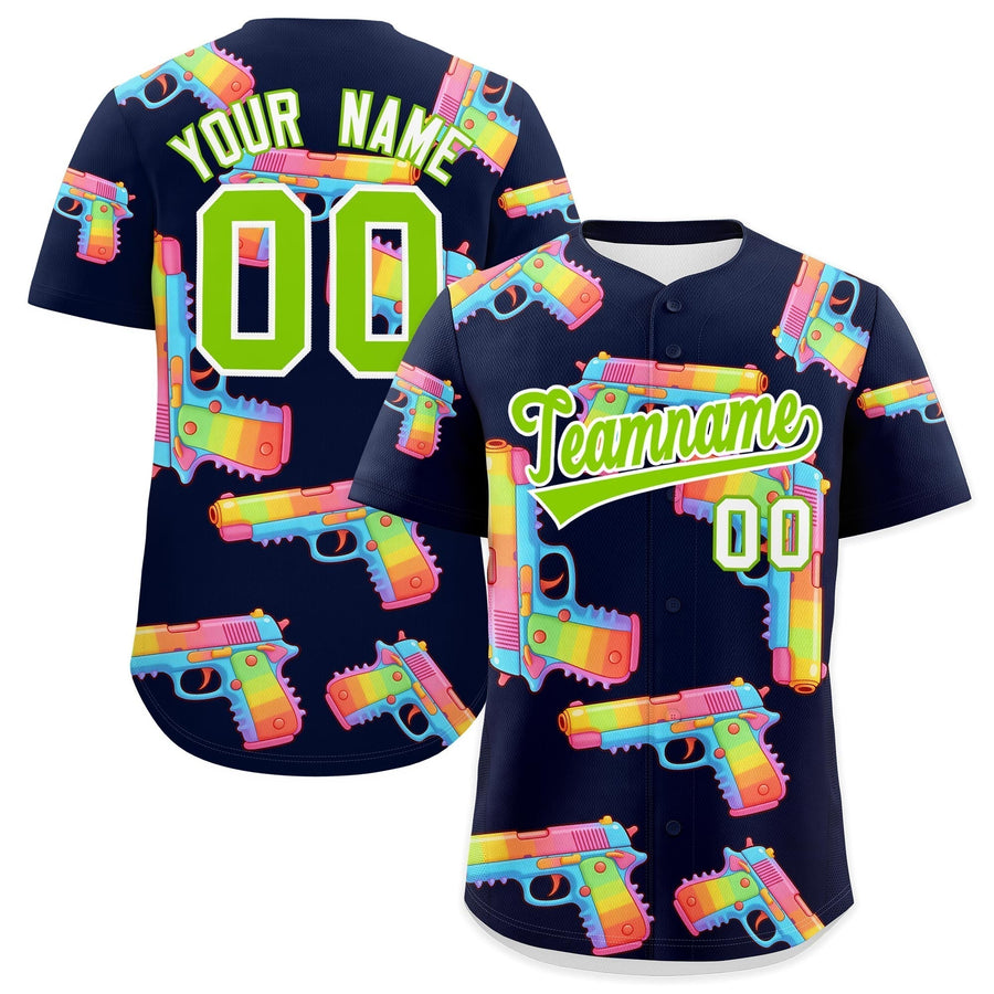 Custom Navy Neon Green Sugar-Coated Firepower Graffiti Pattern Moisture-Wicking Baseball Jersey | BuyFootballJersey