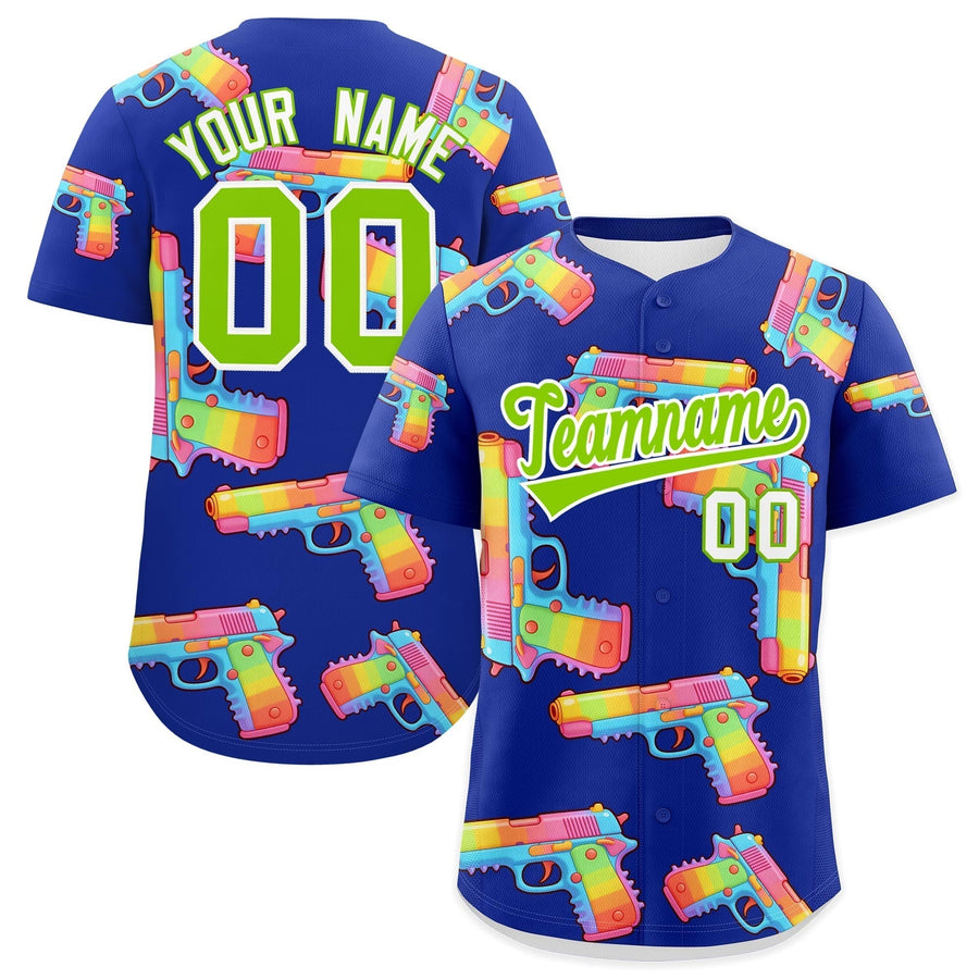 Custom Royal Blue Neon Green Sugar-Coated Firepower Graffiti Pattern Quick Dry Baseball Jersey | BuyFootballJersey