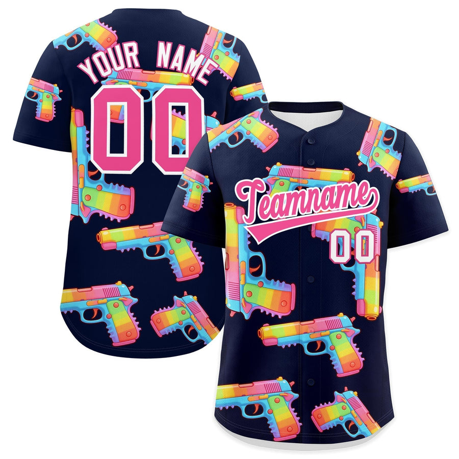 Custom Navy Pink Sugar-Coated Firepower Graffiti Pattern Breathable Baseball Jersey | BuyFootballJersey