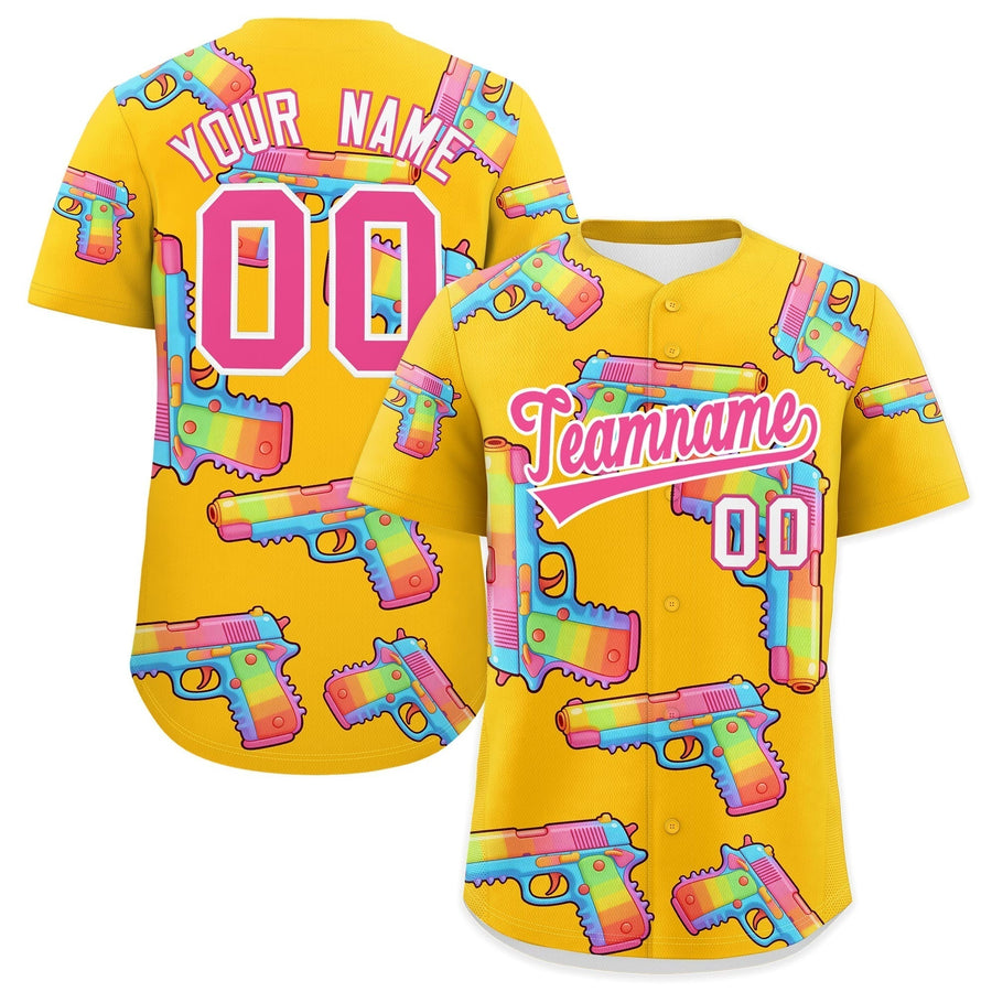 Custom Yellow Pink Sugar-Coated Firepower Graffiti Pattern Wrinkle-Resistant Baseball Jersey | BuyFootballJersey
