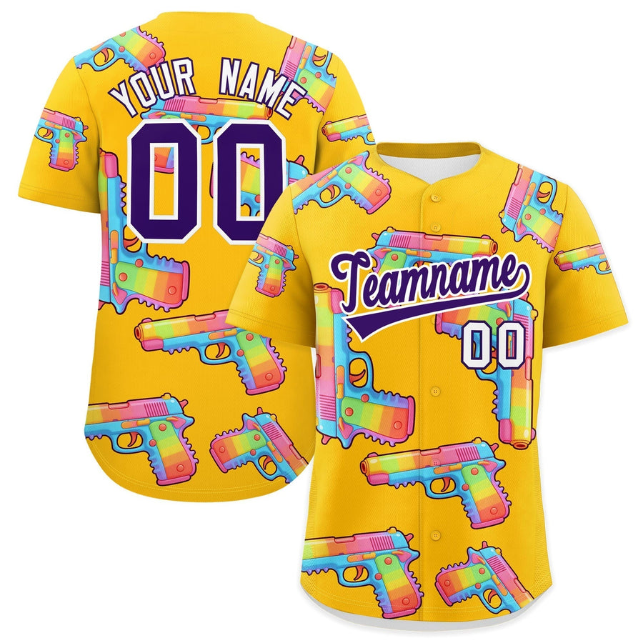 Custom Yellow Purple Sugar-Coated Firepower Graffiti Pattern Moisture-Wicking Baseball Jersey | BuyFootballJersey