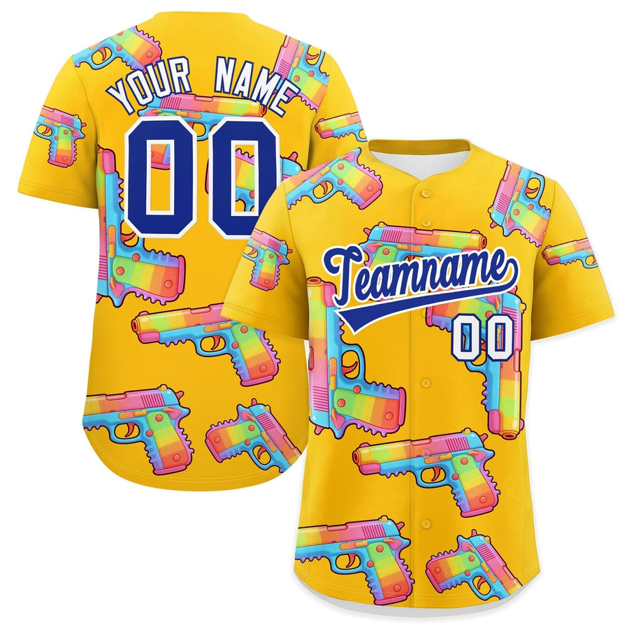 Custom Yellow Royal Blue Sugar-Coated Firepower Graffiti Pattern Quick Dry Baseball Jersey | BuyFootballJersey