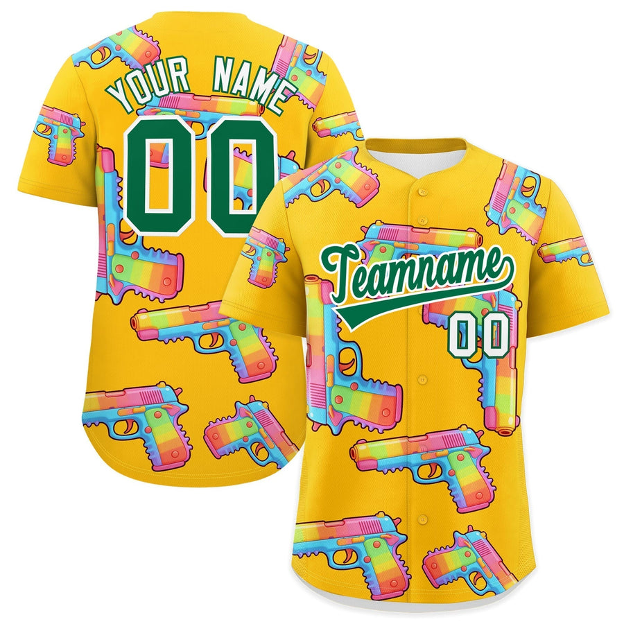 Custom Yellow Kelly Green Sugar-Coated Firepower Graffiti Pattern Breathable Baseball Jersey | BuyFootballJersey