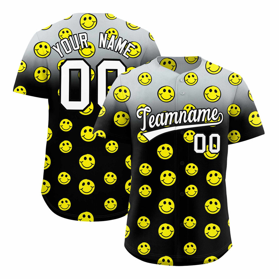 Custom Silver Black Graffiti Gradient Pattern Smile Baseball Jersey | BuyFootballJersey