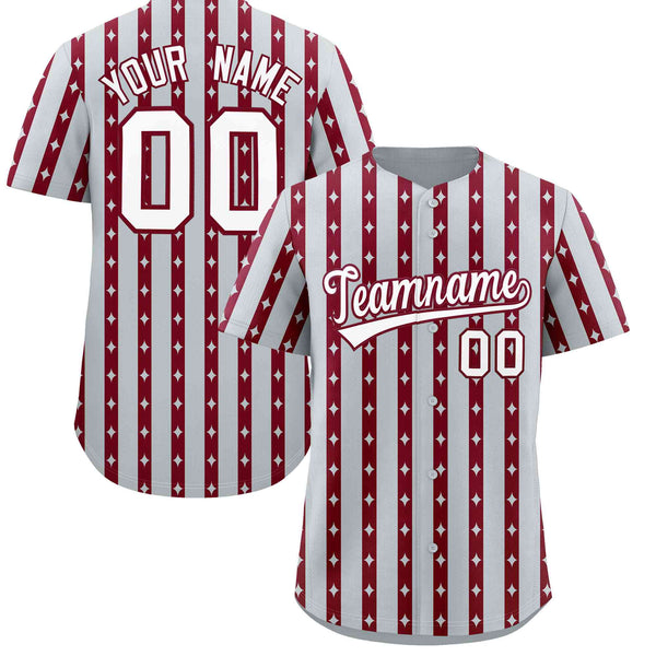 Custom Silver Crimson Star Pattern Thick Stripes Baseball Jersey | BuyFootballJersey
