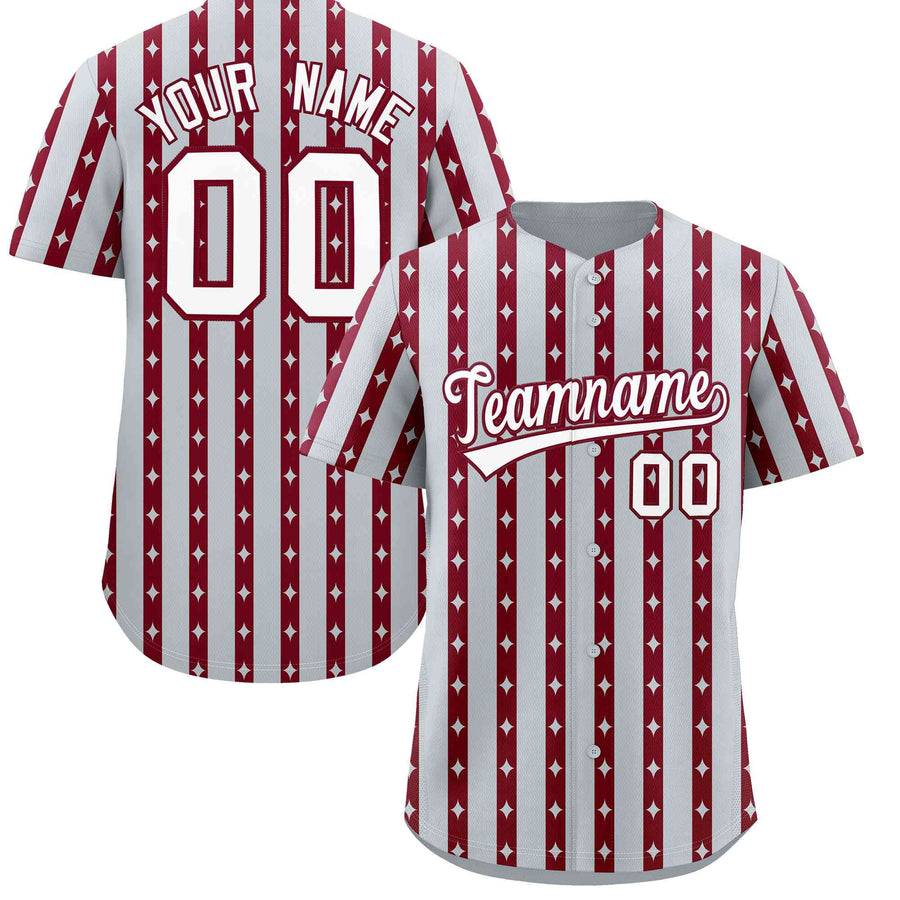 Custom Silver Crimson Star Pattern Thick Stripes Baseball Jersey | BuyFootballJersey
