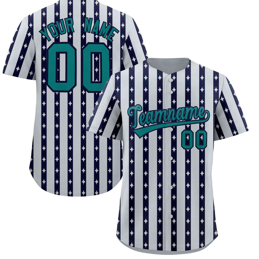Custom Silver Navy Star Pattern Thick Stripes Baseball Jersey | BuyFootballJersey