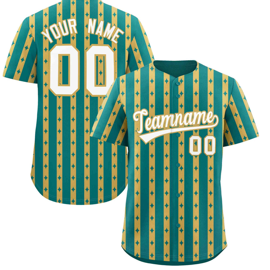 Custom Teal Old Gold Star Pattern Thick Stripes Baseball Jersey | BuyFootballJersey