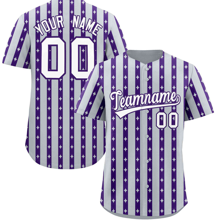 Custom Silver Purple Star Pattern Thick Stripes Baseball Jersey | BuyFootballJersey