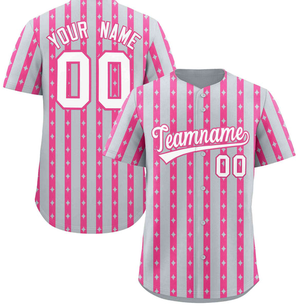 Custom Silver Pink Star Pattern Thick Stripes Baseball Jersey | BuyFootballJersey