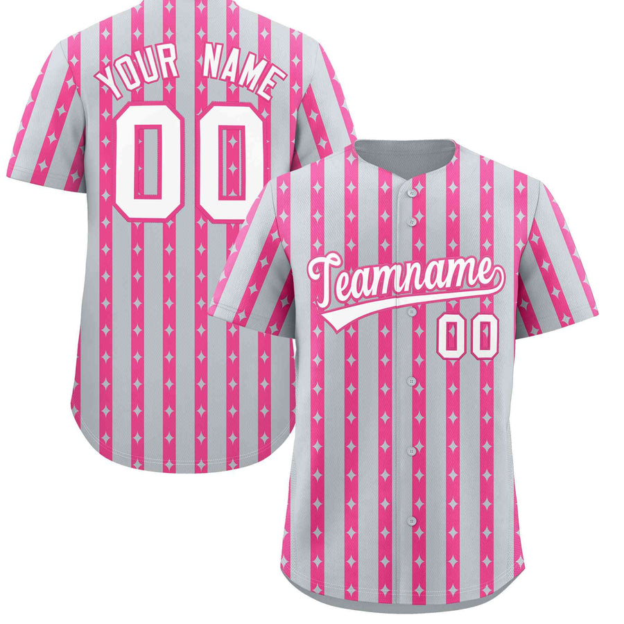 Custom Silver Pink Star Pattern Thick Stripes Baseball Jersey | BuyFootballJersey