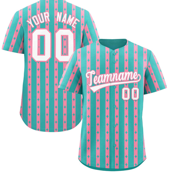 Custom Teal Light Pink Star Pattern Thick Stripes Baseball Jersey | BuyFootballJersey