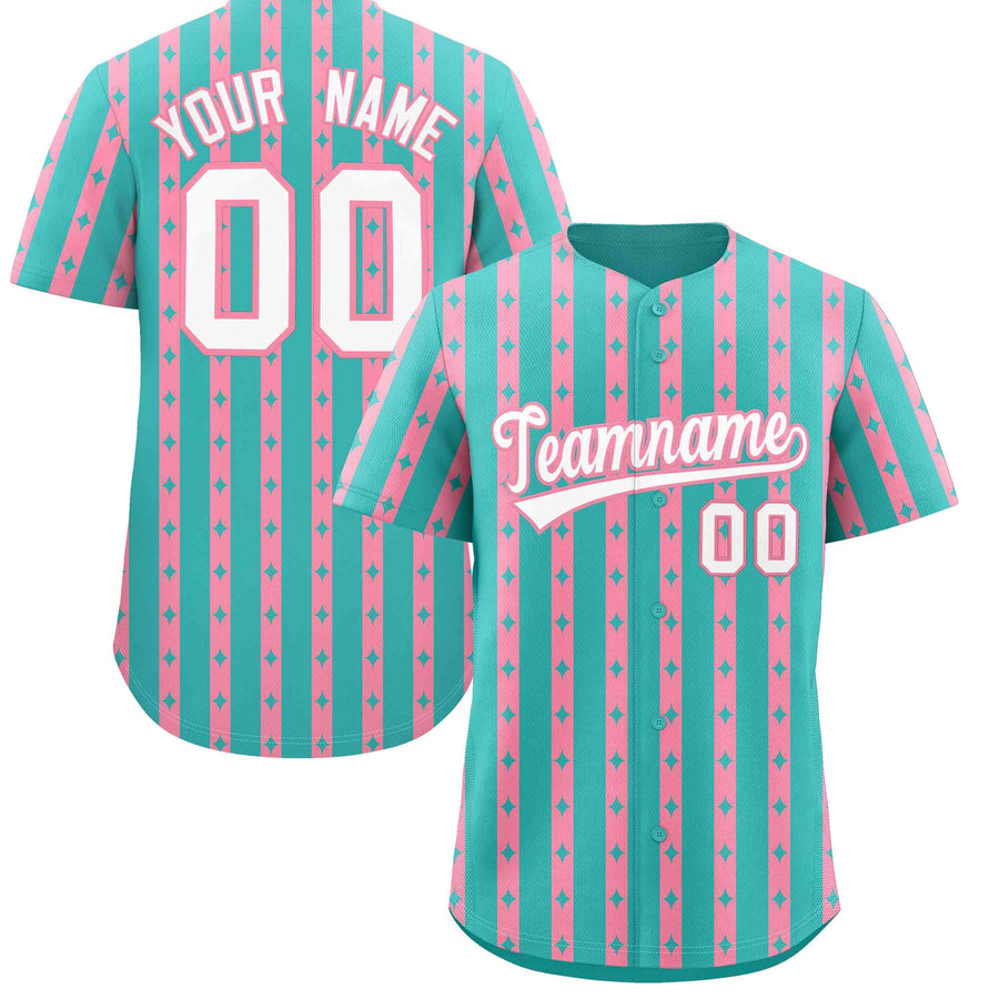 Custom Teal Light Pink Star Pattern Thick Stripes Baseball Jersey | BuyFootballJersey