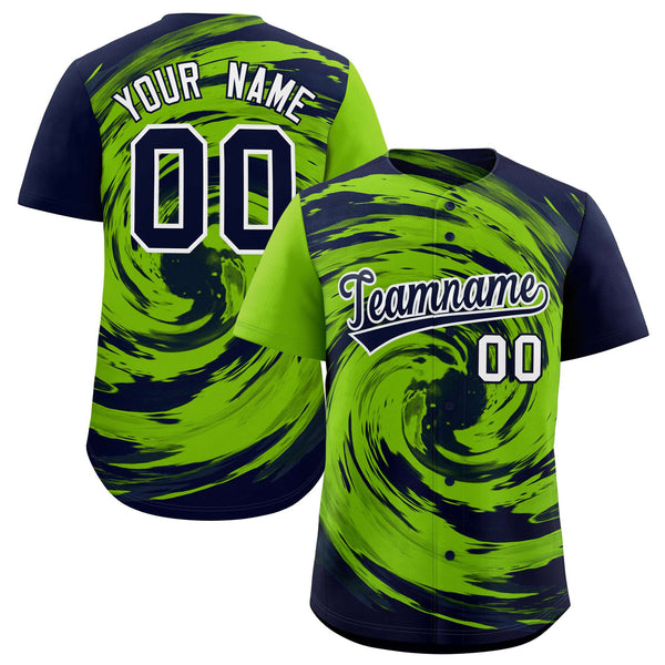 Custom Neon Green Navy Swirl Graffiti Pattern Baseball Jersey | BuyFootballJersey